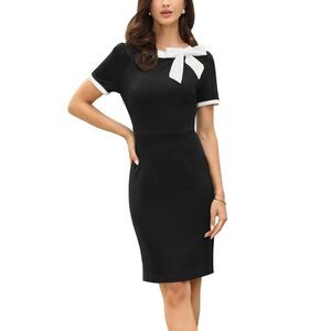Women's Midi Dress Bow Tie Crew Neck Short Sleeves Sheath Dress Black